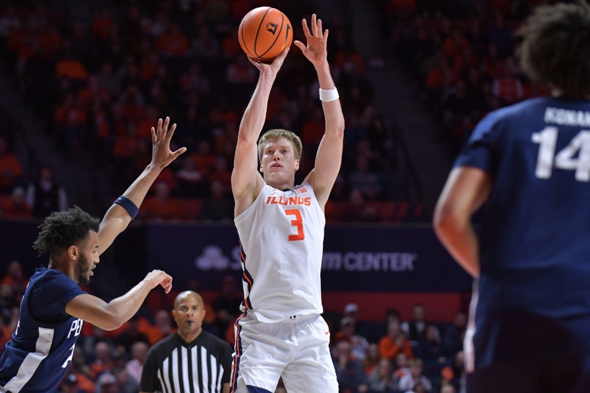 Jan 8, 2025; Champaign, Illinois, USA;  Illinois Fighting Illini forward Ben Humrichous (3) shoots the ball during the first half against the Penn State Nittany Lions at State Farm Center. Mandatory Credit: Ron Johnson-Imagn Images