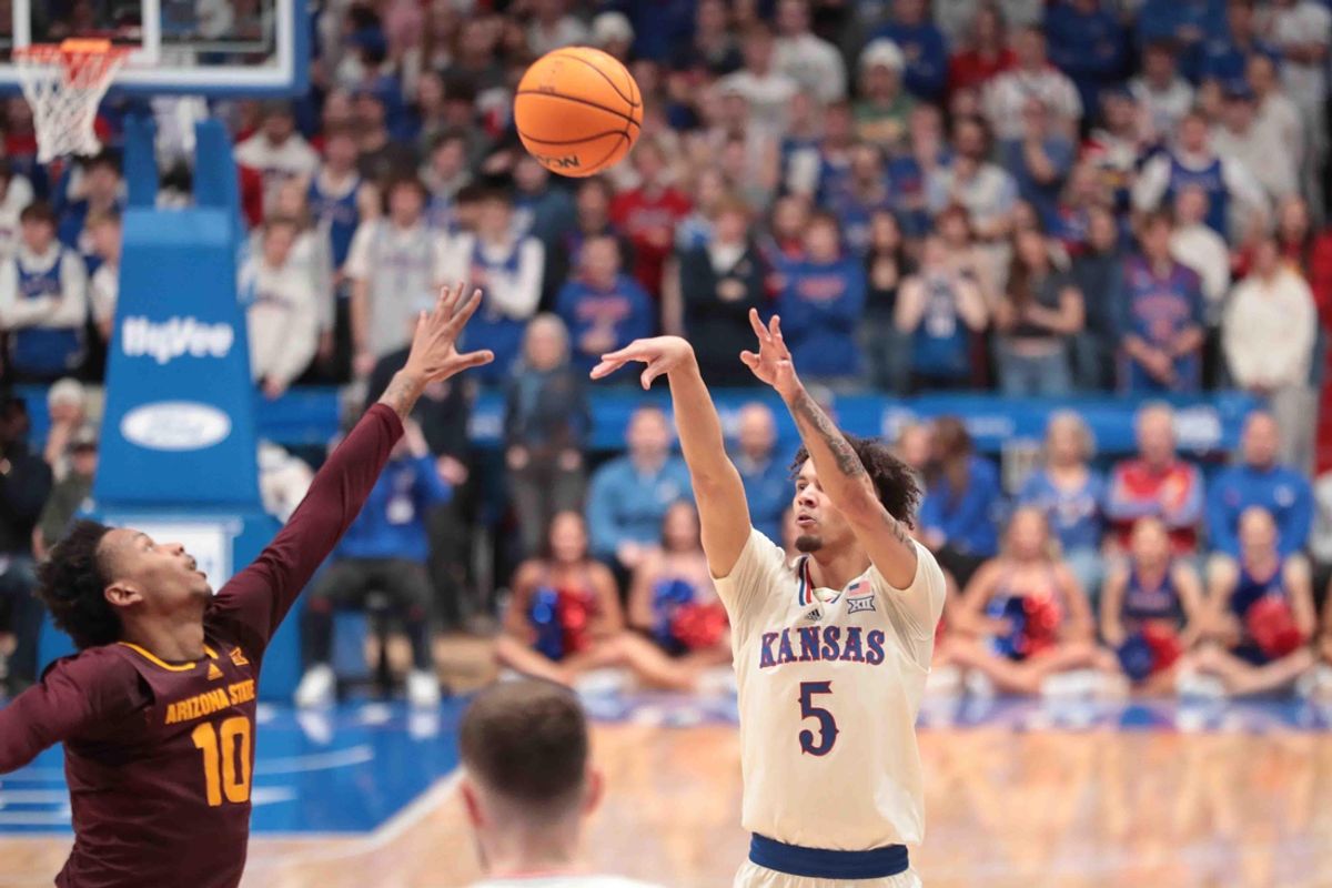 Kansas Jayhawks guard Zeke Mayo (5) shoots against Arizona State Sun Devils in the first half of the game inside Allen Fieldhouse Wednesday, Jan. 8, 2025.