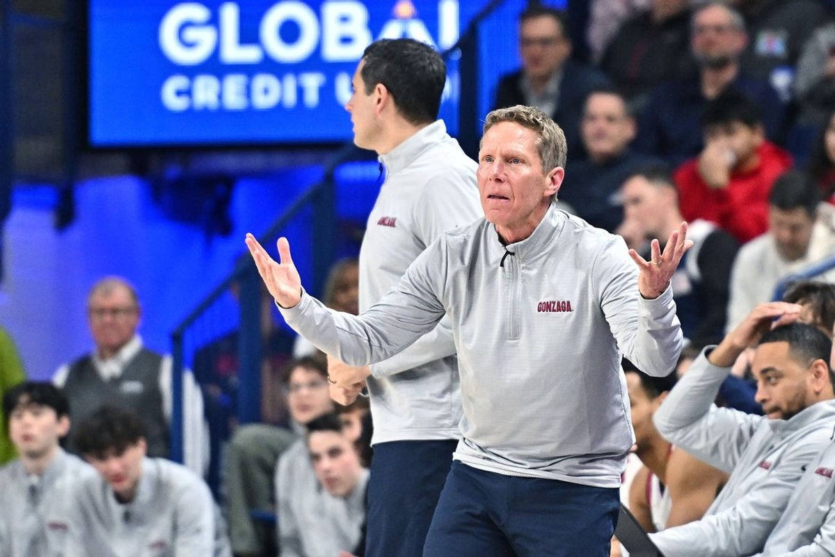 Jan 8, 2025; Spokane, Washington, USA; Gonzaga Bulldogs head coach Mark Few reacts after a play against the San Diego Toreros in the second half at McCarthey Athletic Center. Gonzaga Bulldogs won 93-80. Mandatory Credit: James Snook-Imagn Images