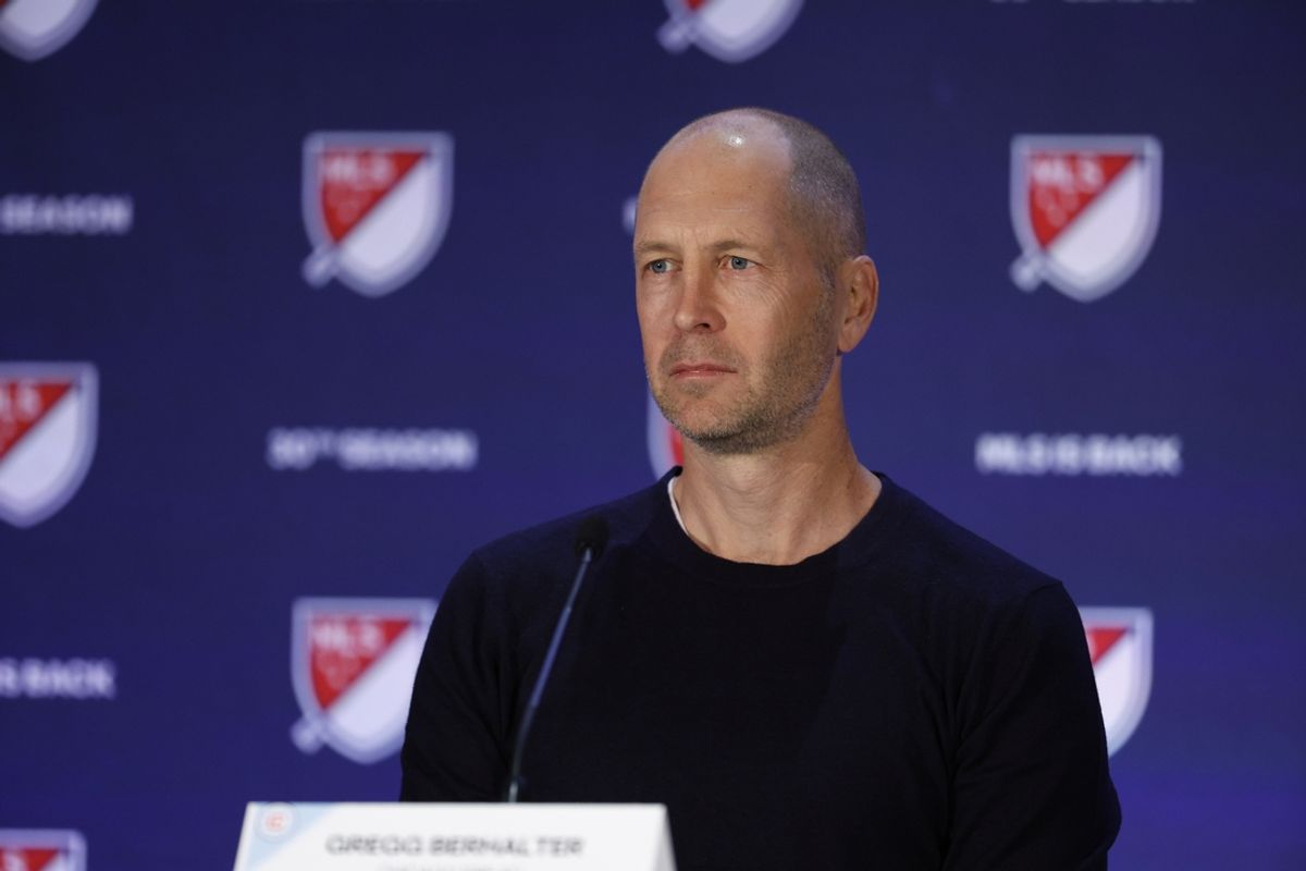 Jan 9, 2025; Miami Beach, Florida, USA;  Chicago Fire FC head coach Gregg Berhalter fields questions during the Major League Soccer Media Day at the Miami Beach Convention Center. Mandatory Credit: Jeff Swinger-Imagn Images