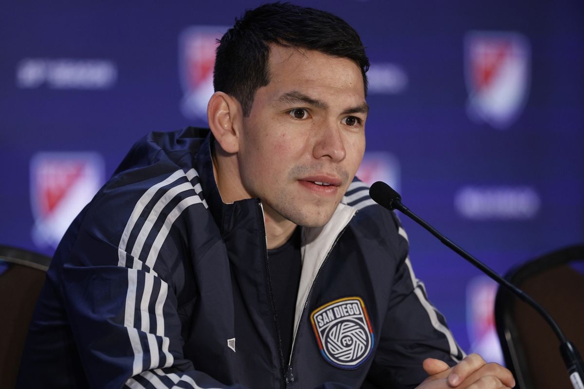 Jan 9, 2025; Miami Beach, Florida, USA;  San Diego FC Hirving Lozano fields questions during the Major League Soccer Media Day at the Miami Beach Convention Center. Mandatory Credit: Jeff Swinger-Imagn Images