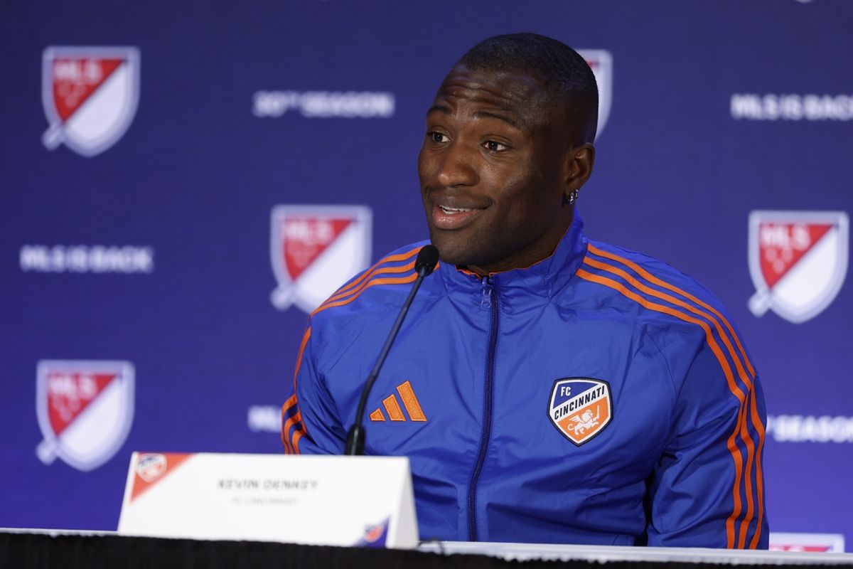 Jan 9, 2025; Miami Beach, Florida, USA;  FC Cincinnati Kevin Denkey fields questions during the Major League Soccer Media Day at the Miami Beach Convention Center. Mandatory Credit: Jeff Swinger-Imagn Images