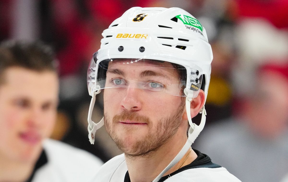 Jan 5, 2025; Raleigh, North Carolina, USA;  Pittsburgh Penguins left wing Michael Bunting (8) looks on during the warmups before the game against the Carolina Hurricanes at Lenovo Center. Mandatory Credit: James Guillory-Imagn Images