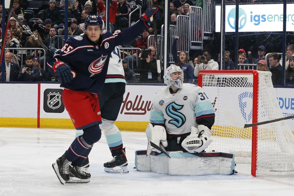 Jan 9, 2025; Columbus, Ohio, USA; Columbus Blue Jackets center Luca Del Bel Belluz (65) celebrates his goal against the Seattle Kraken during the second period at Nationwide Arena. Mandatory Credit: Russell LaBounty-Imagn Images