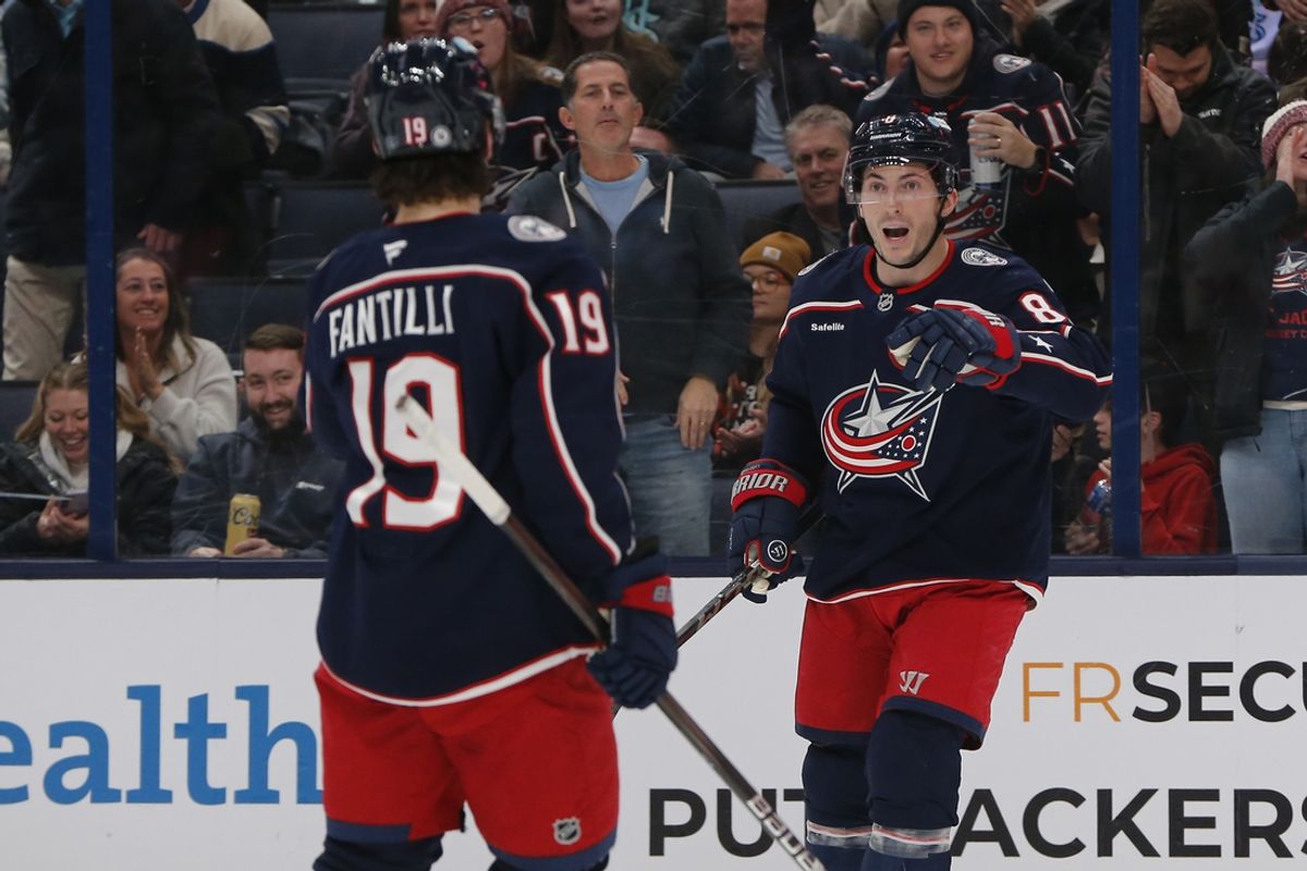 Jan 9, 2025; Columbus, Ohio, USA; Columbus Blue Jackets defenseman Zach Werenski (8) celebrates his goal against the Seattle Kraken during the second period at Nationwide Arena. Mandatory Credit: Russell LaBounty-Imagn Images