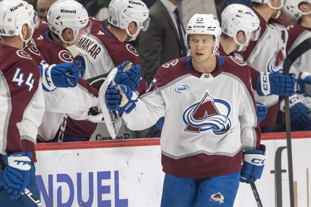 Jan 9, 2025; Saint Paul, Minnesota, USA;  Colorado Avalanche forward Logan O'Connor (25) celebrates his goal against the Minnesota Wild during the first period at Xcel Energy Center. Mandatory Credit: Nick Wosika-Imagn Images
