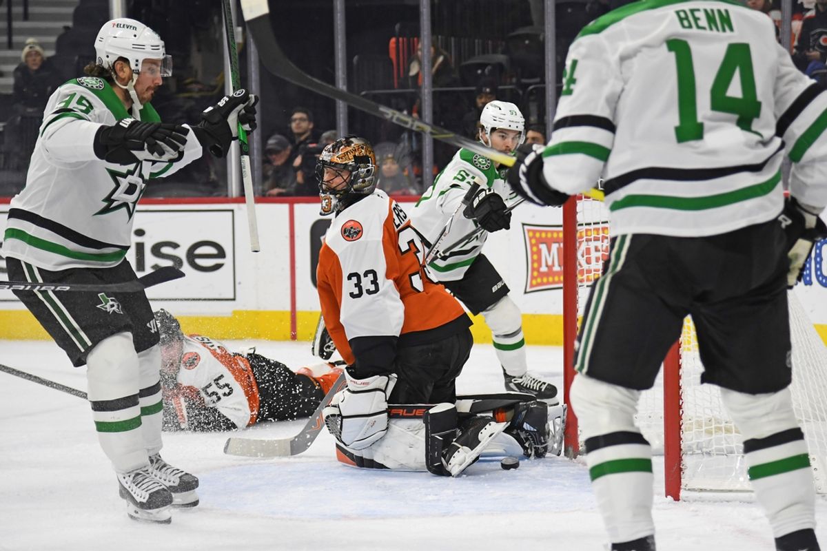 Jan 9, 2025; Philadelphia, Pennsylvania, USA; Dallas Stars center Wyatt Johnston (53) celebrates his goal with against Philadelphia Flyers goaltender Samuel Ersson (33) during the second period at Wells Fargo Center. Mandatory Credit: Eric Hartline-Imagn Images