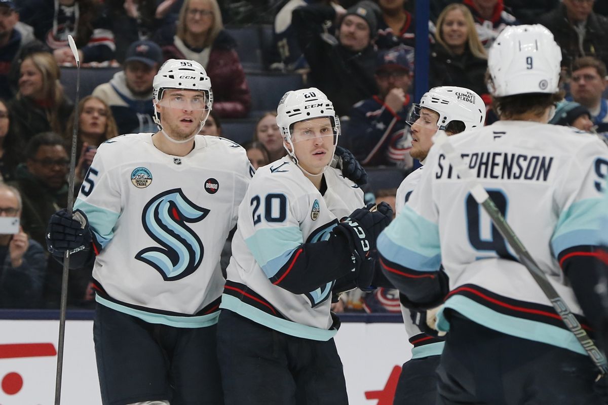 Jan 9, 2025; Columbus, Ohio, USA; Seattle Kraken right wing Eeli Tolvanen (20) celebrates his goal against the Columbus Blue Jackets during the third period at Nationwide Arena. Mandatory Credit: Russell LaBounty-Imagn Images