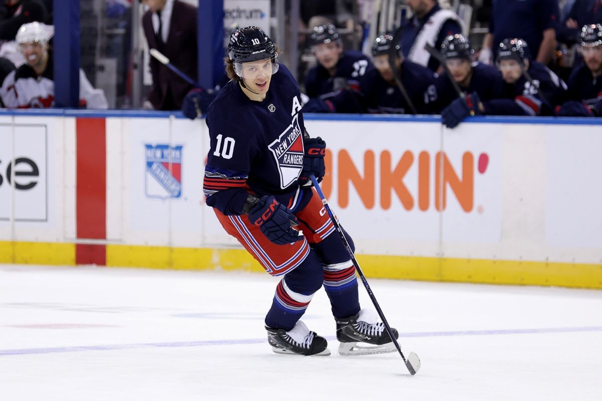 Jan 9, 2025; New York, New York, USA; New York Rangers left wing Artemi Panarin (10) reacts during overtime against the New Jersey Devils at Madison Square Garden. Mandatory Credit: Brad Penner-Imagn Images