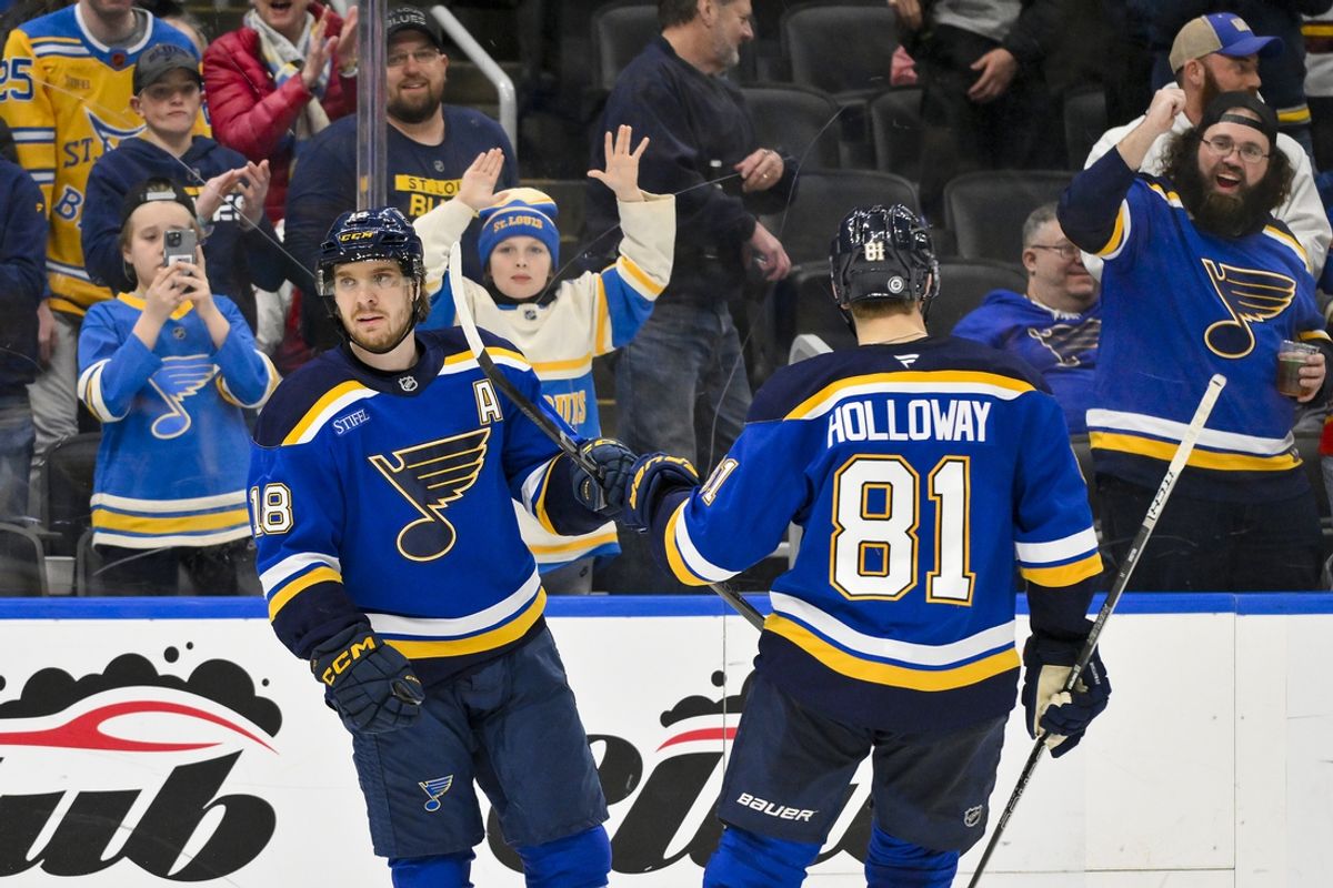 Jan 9, 2025; St. Louis, Missouri, USA;  St. Louis Blues center Robert Thomas (18) is congratulated by center Dylan Holloway (81) after scoring against the Anaheim Ducks during the second period at Enterprise Center. Mandatory Credit: Jeff Curry-Imagn Images