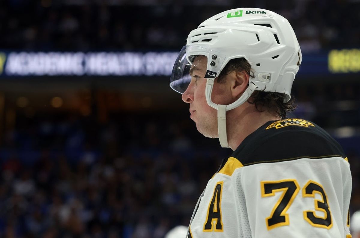 Jan 9, 2025; Tampa, Florida, USA; Boston Bruins defenseman Charlie McAvoy (73) looks on against the Tampa Bay Lightning during the third period at Amalie Arena. Mandatory Credit: Kim Klement Neitzel-Imagn Images