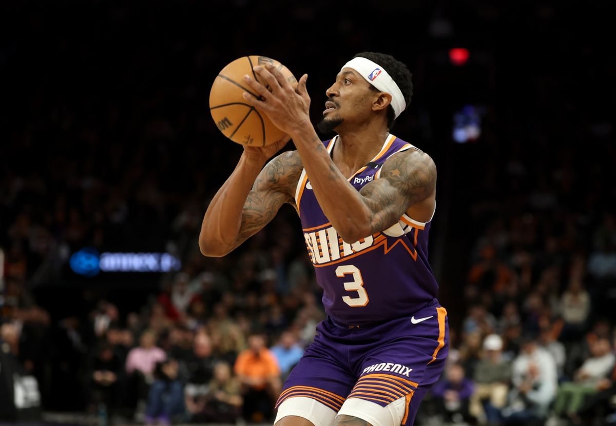 Jan 9, 2025; Phoenix, Arizona, USA; Phoenix Suns guard Bradley Beal (3) against the Atlanta Hawks in the first half at Footprint Center. Mandatory Credit: Mark J. Rebilas-Imagn Images