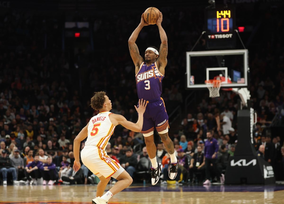 Jan 9, 2025; Phoenix, Arizona, USA; Phoenix Suns guard Bradley Beal (3) against Atlanta Hawks guard Dyson Daniels (5) in the first half at Footprint Center. Mandatory Credit: Mark J. Rebilas-Imagn Images