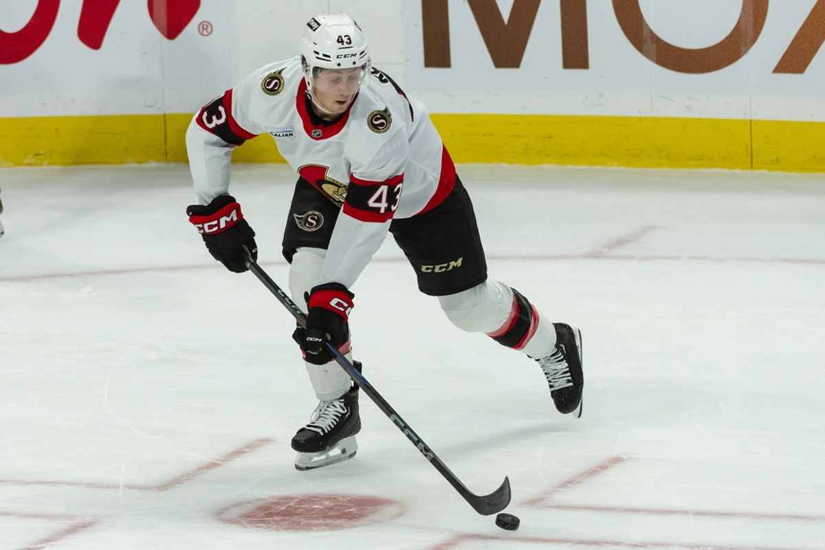 Jan 9, 2025; Ottawa, Ontario, CAN; Ottawa Senators defenseman Tyler Kleven (43) skates with the puck in the third period against the Buffalo Sabres at the Canadian Tire Centre. Mandatory Credit: Marc DesRosiers-Imagn Images