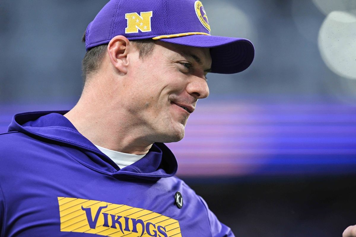 Dec 29, 2024; Minneapolis, Minnesota, USA; Minnesota Vikings head coach Kevin O'Connell walks onto the field before the game against the Green Bay Packers at U.S. Bank Stadium. Mandatory Credit: Jeffrey Becker-Imagn Images