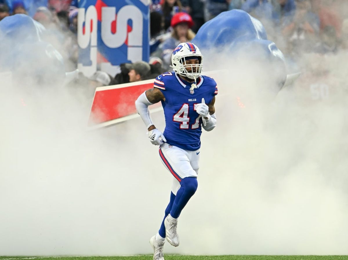 Dec 29, 2024; Orchard Park, New York, USA; Buffalo Bills cornerback Christian Benford (47) enters the field before a game against the New York Jets at Highmark Stadium. Mandatory Credit: Mark Konezny-Imagn Images