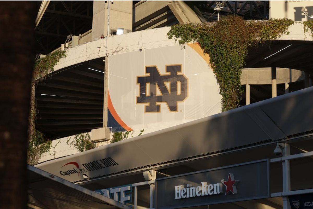 Jan 9, 2025; Miami, FL, USA; General view of the Notre Dame Fighting Irish logo before the game between the Notre Dame Fighting Irish and the Penn State Nittany Lions in the Orange Bowl at Hard Rock Stadium. Mandatory Credit: Nathan Ray Seebeck-Imagn Images