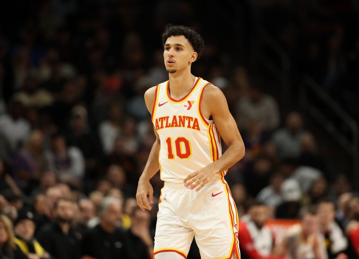 Jan 9, 2025; Phoenix, Arizona, USA; Atlanta Hawks forward Zaccharie Risacher (10) against the Phoenix Suns at Footprint Center. Mandatory Credit: Mark J. Rebilas-Imagn Images