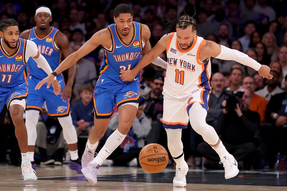 Jan 10, 2025; New York, New York, USA; New York Knicks guard Jalen Brunson (11) fight for a loose ball Oklahoma City Thunder guards Aaron Wiggins (21) and Isaiah Joe (11) during the first quarter at Madison Square Garden. Mandatory Credit: Brad Penner-Imagn Images
