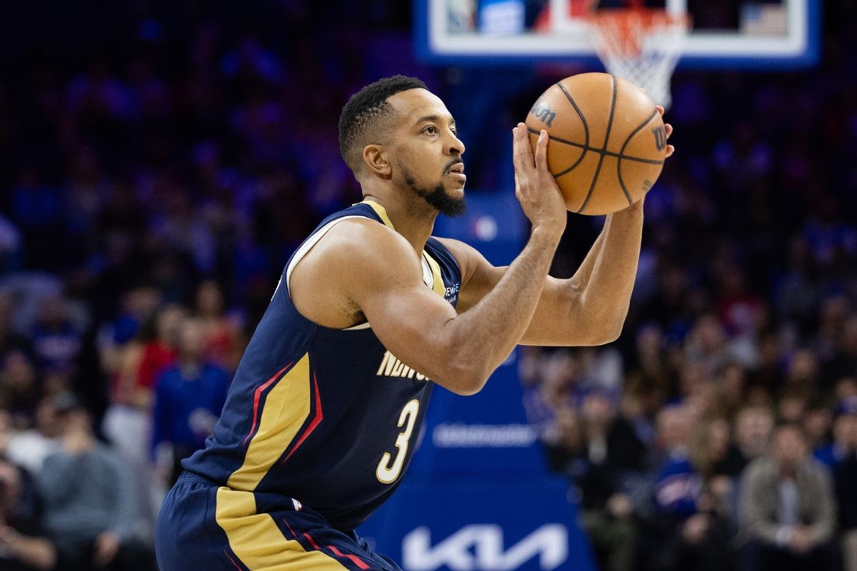 Jan 10, 2025; Philadelphia, Pennsylvania, USA; New Orleans Pelicans guard CJ McCollum (3) shoots the ball against the Philadelphia 76ers during the fourth quarter at Wells Fargo Center. Mandatory Credit: Bill Streicher-Imagn Images