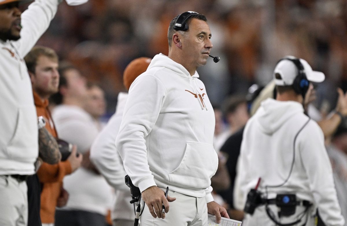Jan 10, 2025; Arlington, Texas, USA; Texas Longhorns head coach Steve Sarkisian during the second quarter of the College Football Playoff semifinal against the Ohio State Buckeyes in the Cotton Bowl at AT&T Stadium. Mandatory Credit: Jerome Miron-Imagn Images