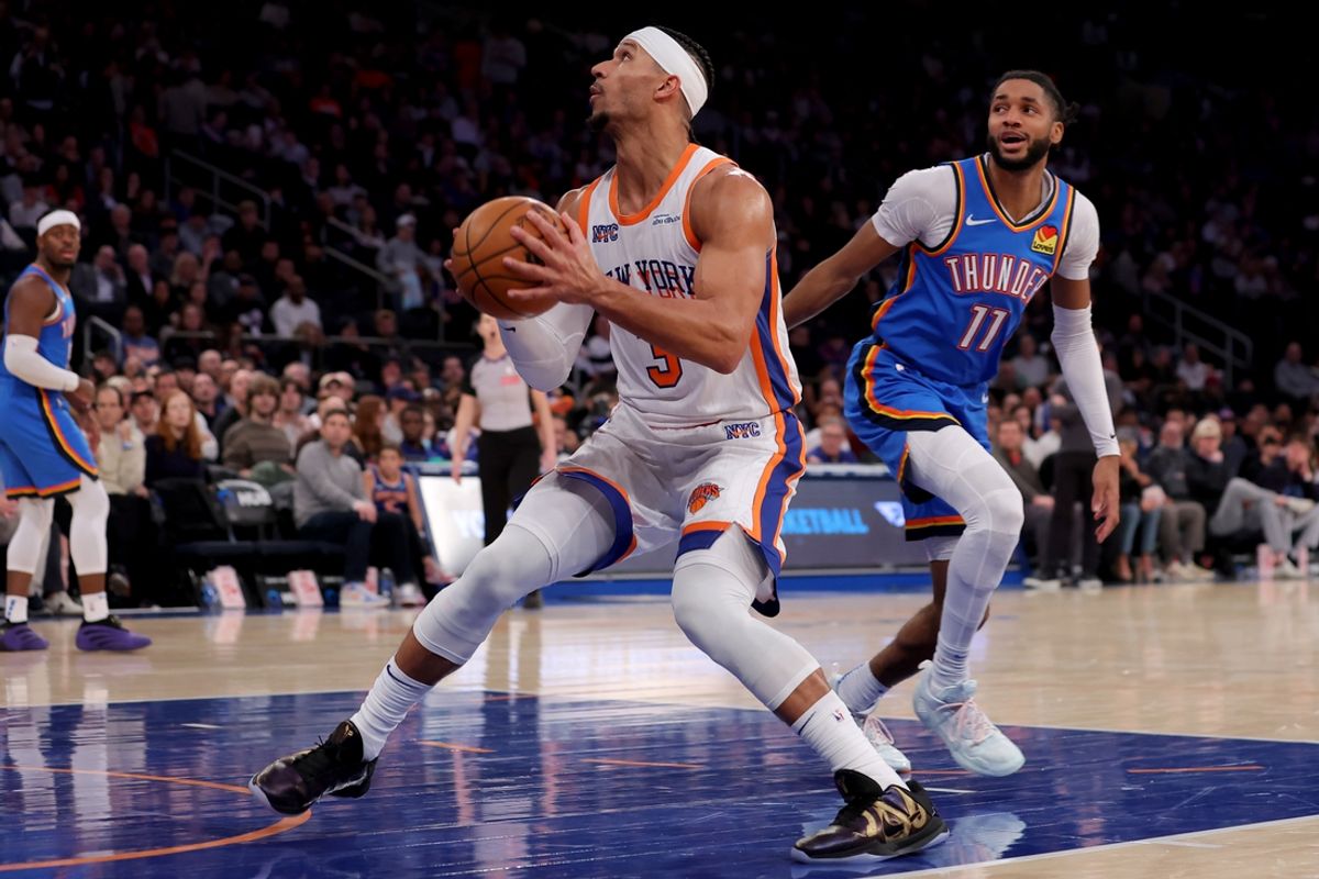 Jan 10, 2025; New York, New York, USA; New York Knicks guard Josh Hart (3) drives to the basket against Oklahoma City Thunder guard Isaiah Joe (11) during the third quarter at Madison Square Garden. Mandatory Credit: Brad Penner-Imagn Images