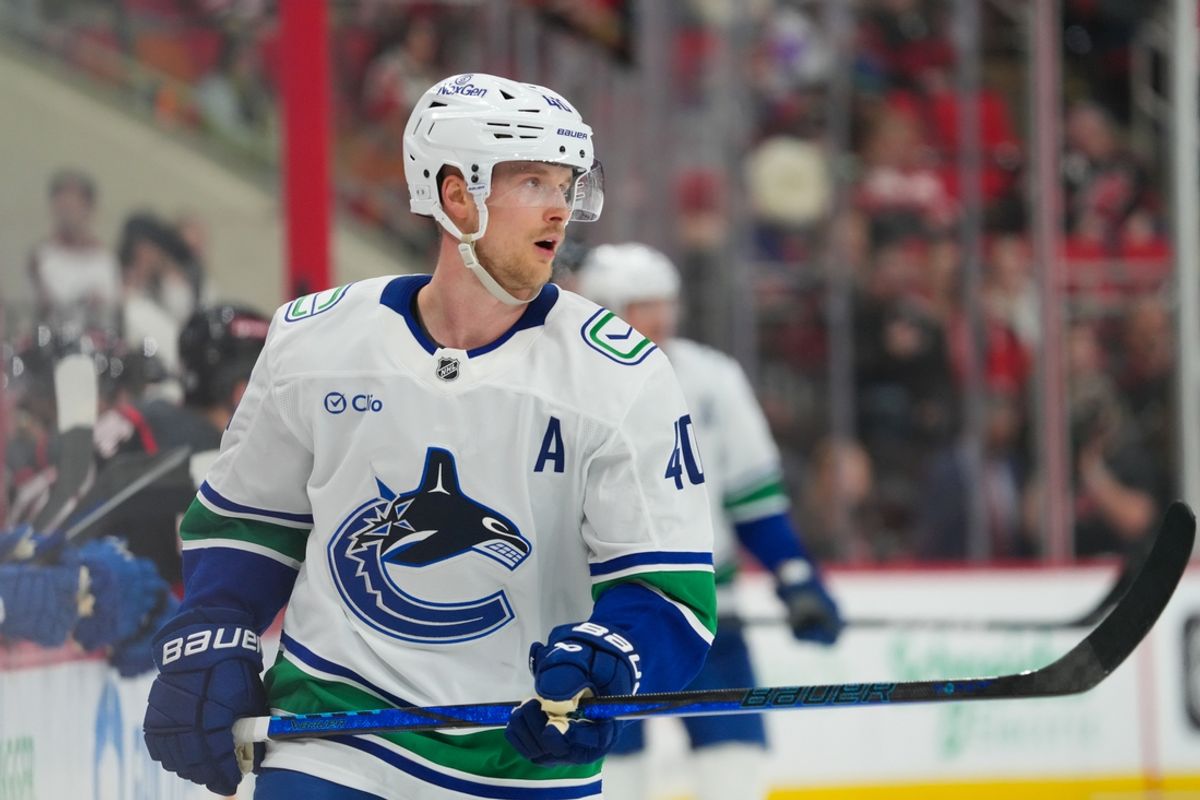 Jan 10, 2025; Raleigh, North Carolina, USA;  Vancouver Canucks center Elias Pettersson (40) skates against the Carolina Hurricanes during the third period at Lenovo Center. Mandatory Credit: James Guillory-Imagn Images