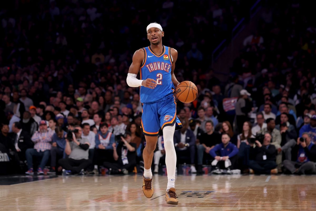 Jan 10, 2025; New York, New York, USA; Oklahoma City Thunder guard Shai Gilgeous-Alexander (2) brings the ball up court against the New York Knicks during the first quarter at Madison Square Garden. Mandatory Credit: Brad Penner-Imagn Images