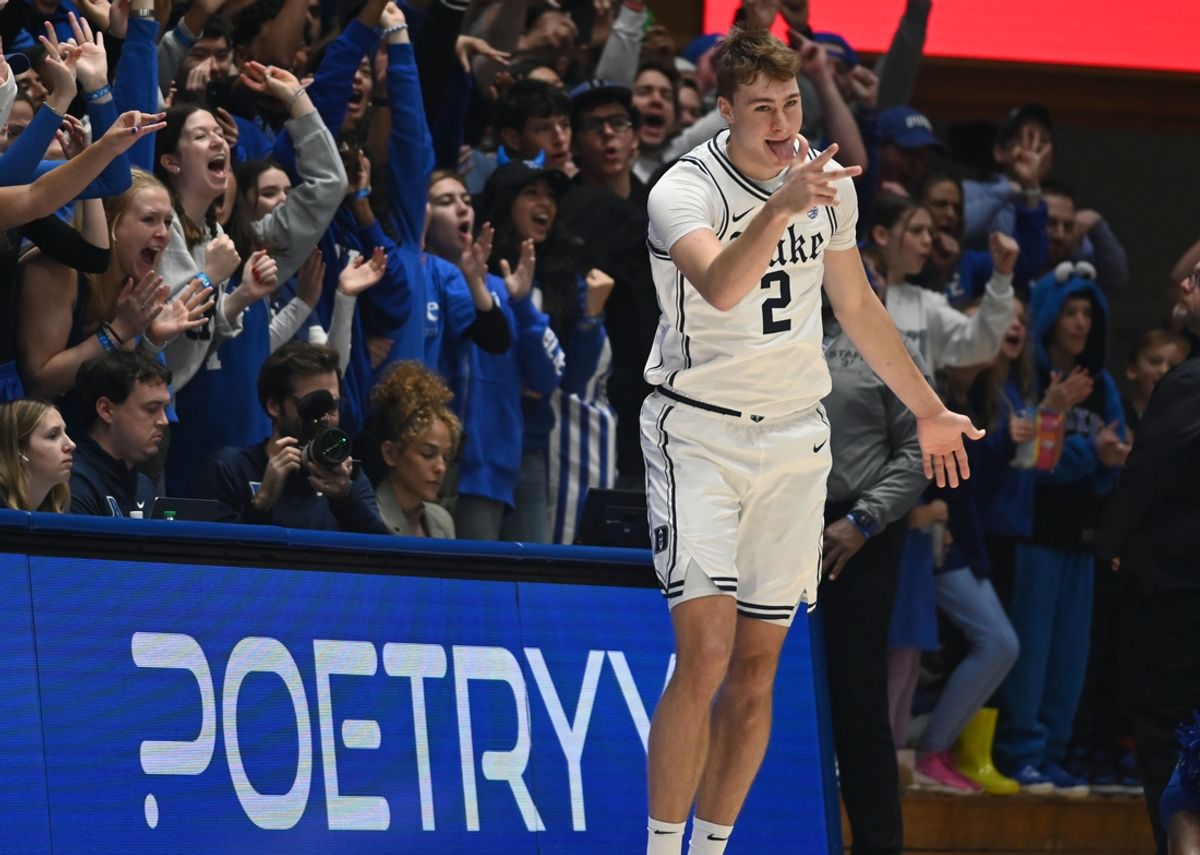 Jan 11, 2025; Durham, North Carolina, USA; Duke Blue Devils forward Cooper Flagg (2) reacts to hitting a three-pointer during the first half against the Notre Dame Fighting Irish at Cameron Indoor Stadium. Mandatory Credit: Rob Kinnan-Imagn Images