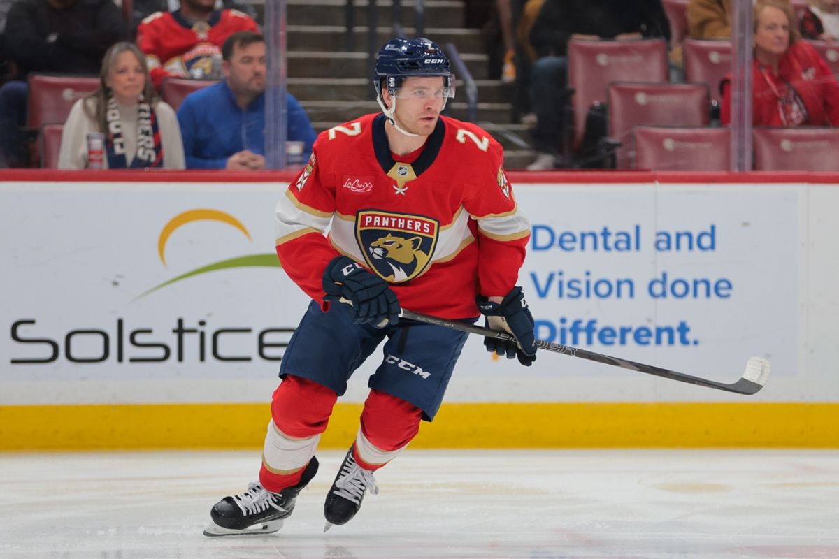 Jan 11, 2025; Sunrise, Florida, USA; Florida Panthers defenseman Tobias Bjornfot (2) plays his position against the Boston Bruins during the first period at Amerant Bank Arena. Mandatory Credit: Sam Navarro-Imagn Images