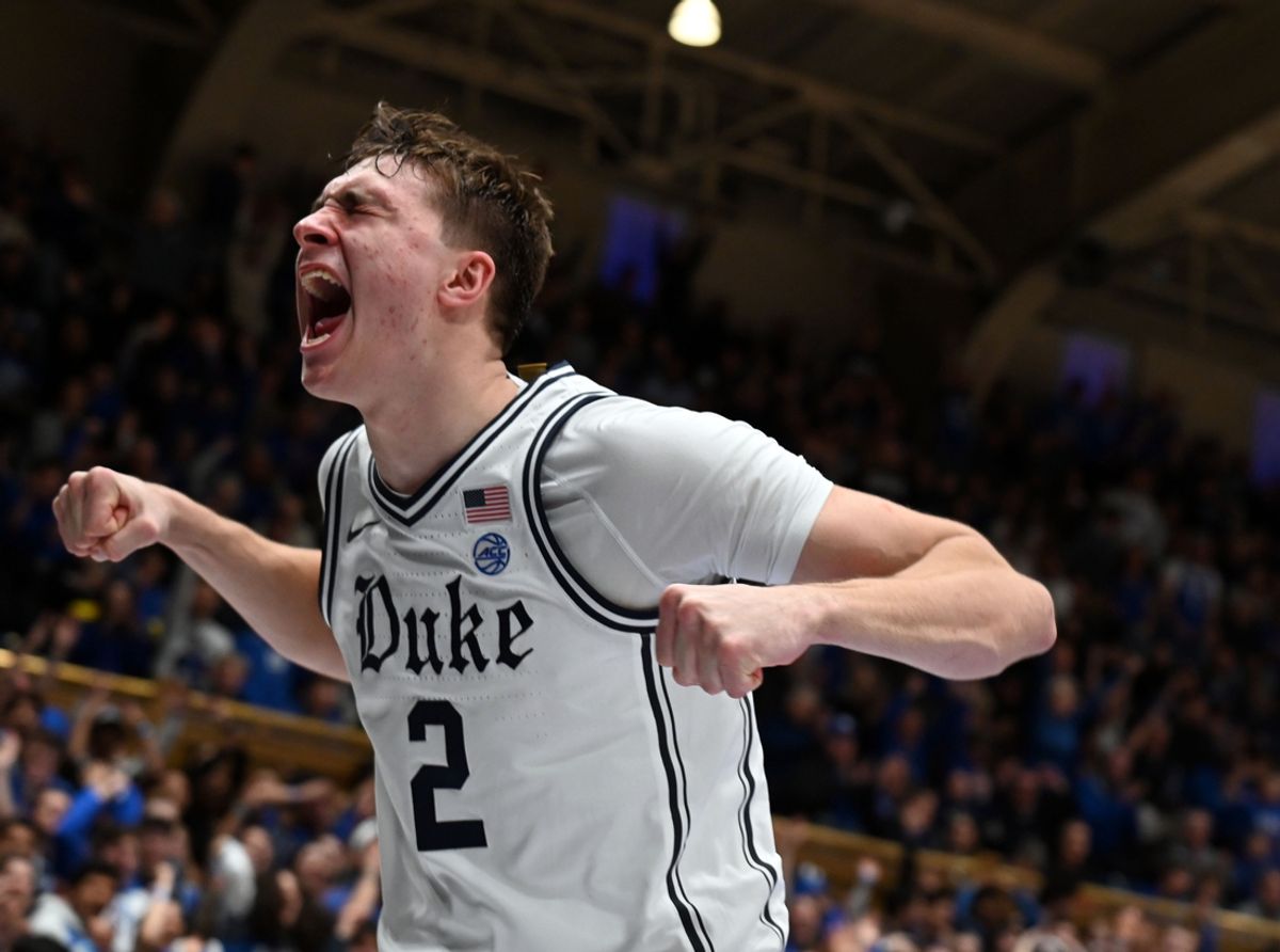 Jan 11, 2025; Durham, North Carolina, USA;  Duke Blue Devils forward Cooper Flagg (2)reacts during the second half against the Notre Dame Fighting Irish at Cameron Indoor Stadium. Mandatory Credit: Rob Kinnan-Imagn Images