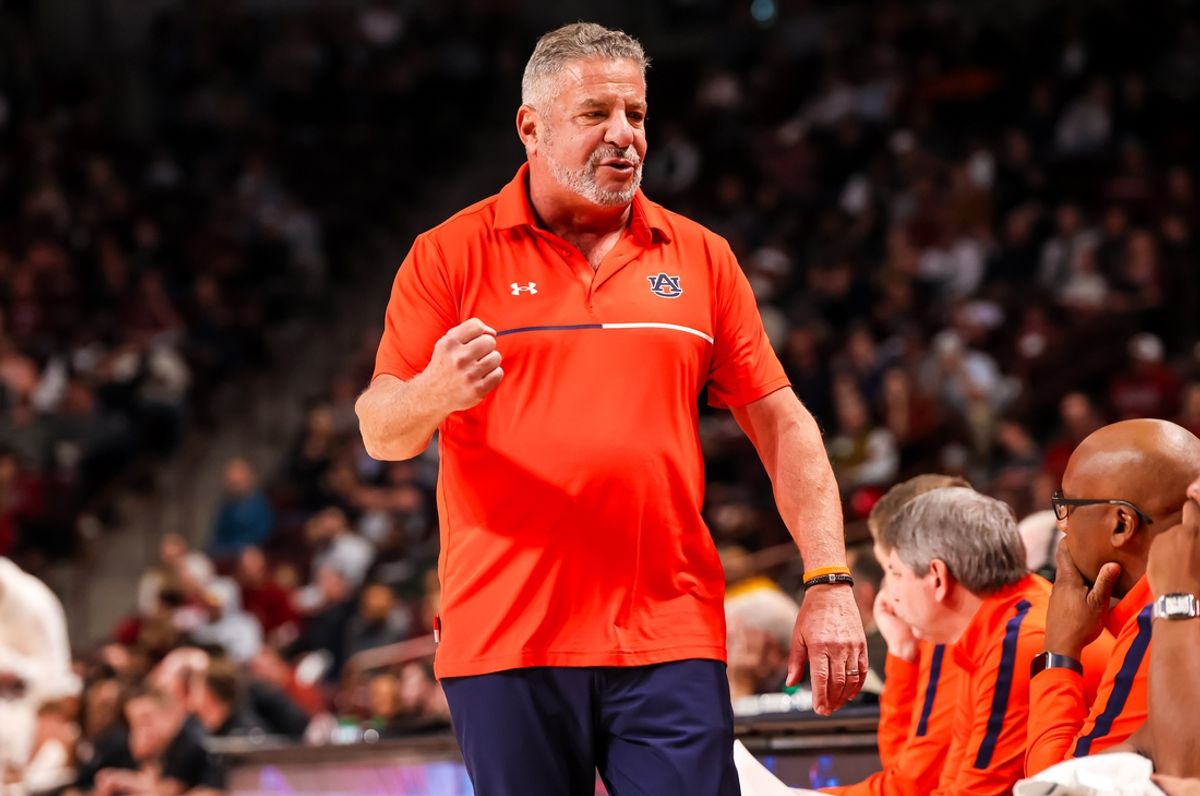 Jan 11, 2025; Columbia, South Carolina, USA; Auburn Tigers head coach Bruce Pearl directs his team against the South Carolina Gamecocks in the first half at Colonial Life Arena. Mandatory Credit: Jeff Blake-Imagn Images