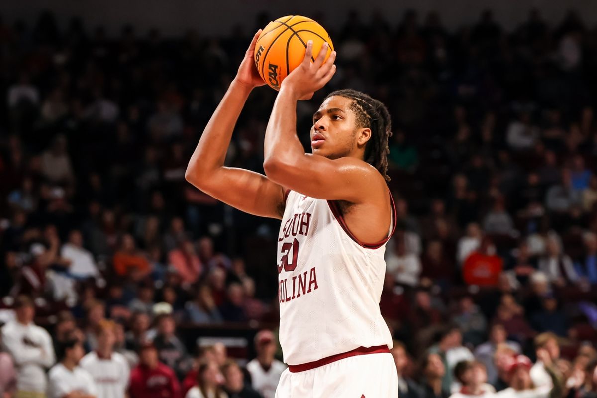 Jan 11, 2025; Columbia, South Carolina, USA; South Carolina Gamecocks forward Collin Murray-Boyles (30) attempts a free throw after a flagrant foul on the Auburn Tigers in the first half at Colonial Life Arena. Mandatory Credit: Jeff Blake-Imagn Images
