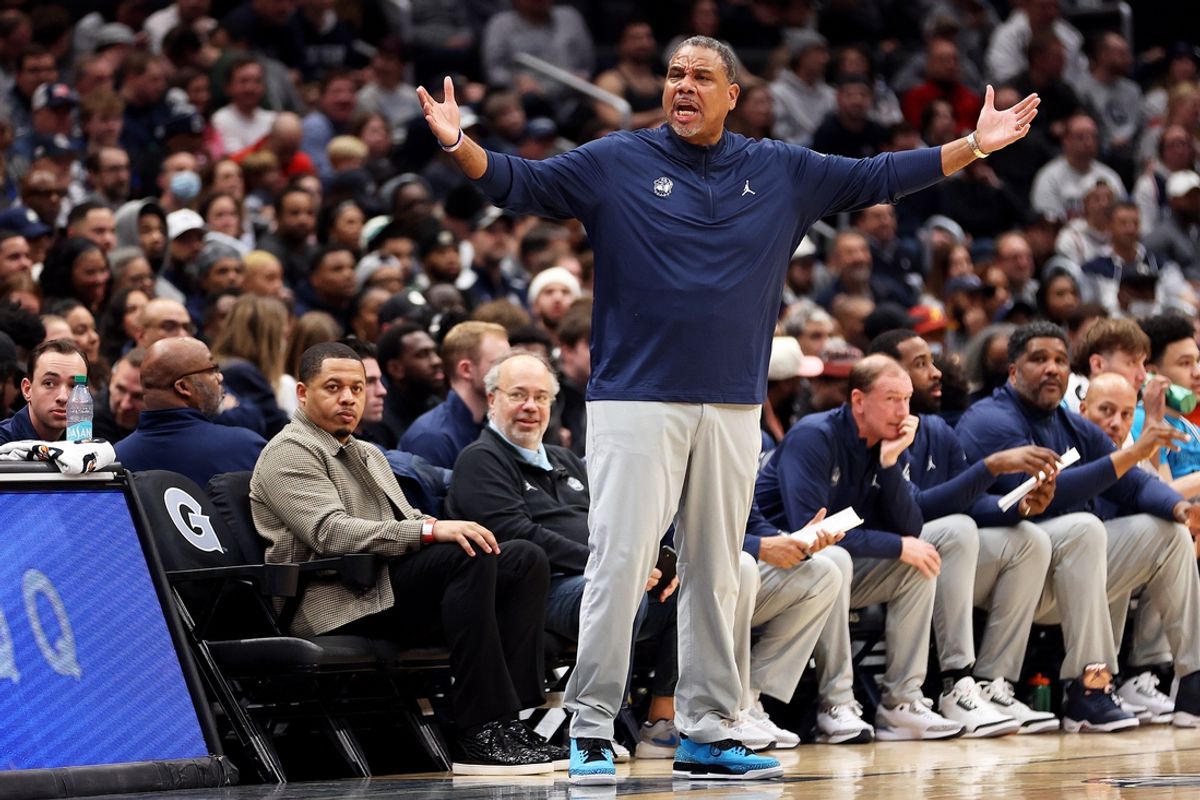 Jan 11, 2025; Washington, District of Columbia, USA; Georgetown Hoyas head coach Ed Cooley reacts to a call during the second half against the Connecticut Huskies at Capital One Arena. Mandatory Credit: Daniel Kucin Jr.-Imagn Images