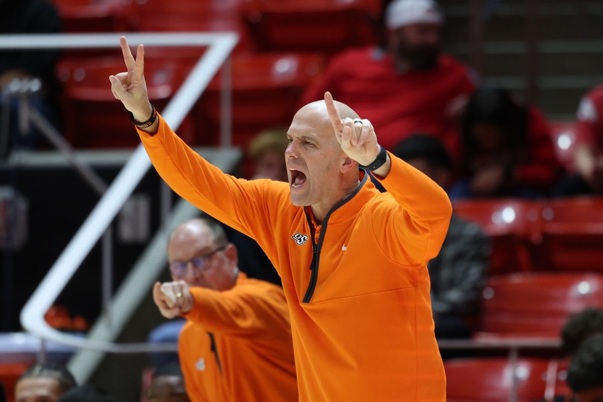 Jan 11, 2025; Salt Lake City, Utah, USA; Oklahoma State Cowboys head coach Steve Lutz calls a play against the Utah Utes during the first half at Jon M. Huntsman Center. Mandatory Credit: Rob Gray-Imagn Images