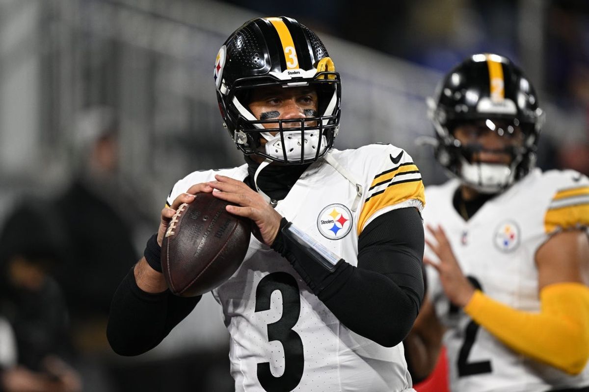 Jan 11, 2025; Baltimore, Maryland, USA; Pittsburgh Steelers quarterback Russell Wilson (3) warms up before an AFC wild card game against the Baltimore Ravens at M&T Bank Stadium. Mandatory Credit: Tommy Gilligan-Imagn Images