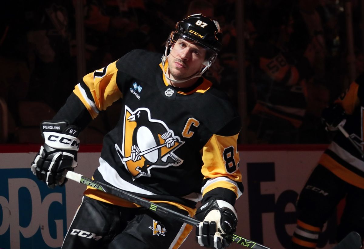 Jan 11, 2025; Pittsburgh, Pennsylvania, USA;  Pittsburgh Penguins center Sidney Crosby (87) takes the ice against the Ottawa Senators at PPG Paints Arena. Mandatory Credit: Charles LeClaire-Imagn Images