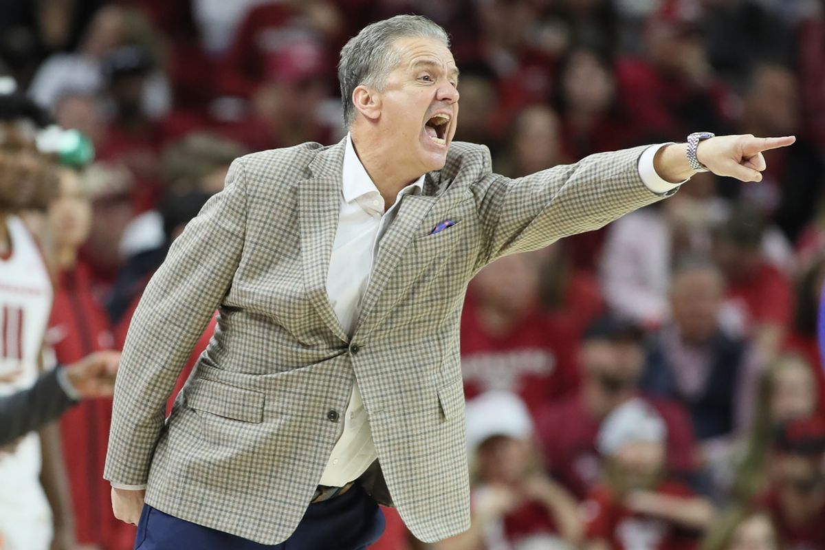 Jan 11, 2025; Fayetteville, Arkansas, USA; Arkansas Razorbacks head coach John Calipari reacts during the second half against the Florida Gators at Bud Walton Arena. Florida won 71-63. Mandatory Credit: Nelson Chenault-Imagn Images