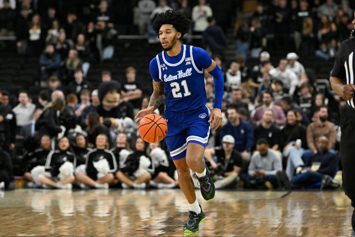Jan 11, 2025; Providence, Rhode Island, USA; Seton Hall Pirates guard Isaiah Coleman (21) dribbles the ball against the Providence Friars during the second half at Amica Mutual Pavilion. Mandatory Credit: Eric Canha-Imagn Images