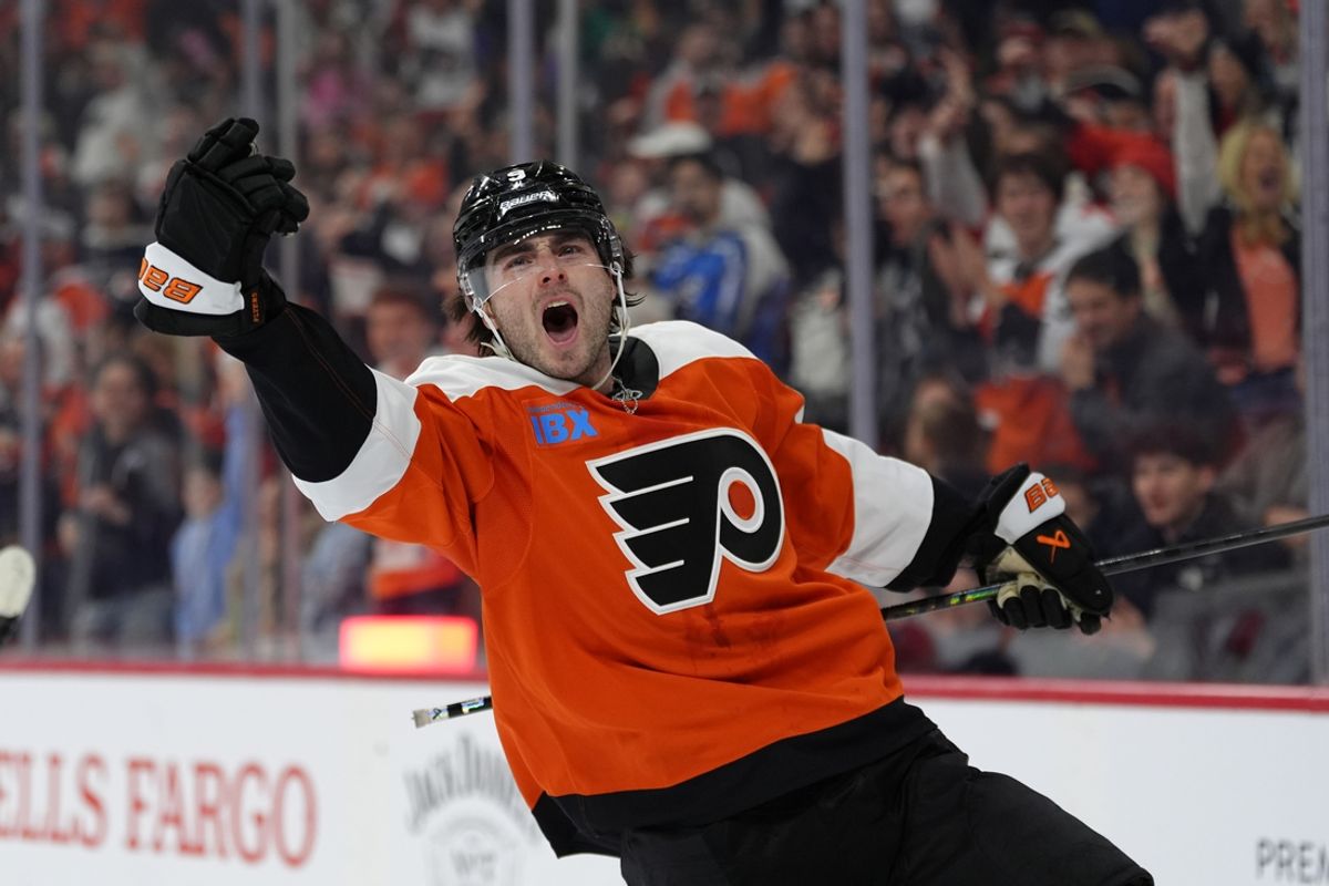 Jan 11, 2025; Philadelphia, Pennsylvania, USA; Philadelphia Flyers defenseman Jamie Drysdale (9) reacts after scoring a goal against the Anaheim Ducks in the first period at Wells Fargo Center. Mandatory Credit: Kyle Ross-Imagn Images