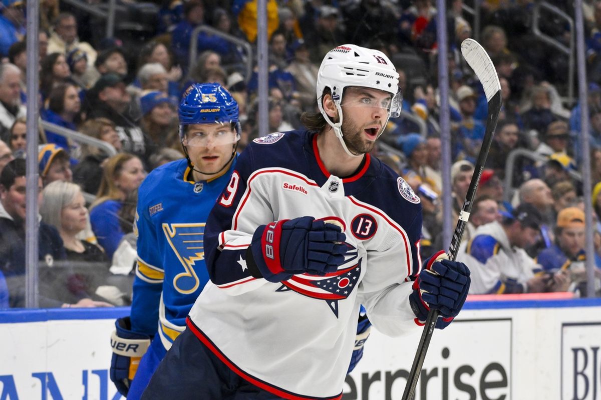 Jan 11, 2025; St. Louis, Missouri, USA;  Columbus Blue Jackets center Adam Fantilli (19) reacts after scoring against the St. Louis Blues during the first period at Enterprise Center. Mandatory Credit: Jeff Curry-Imagn Images