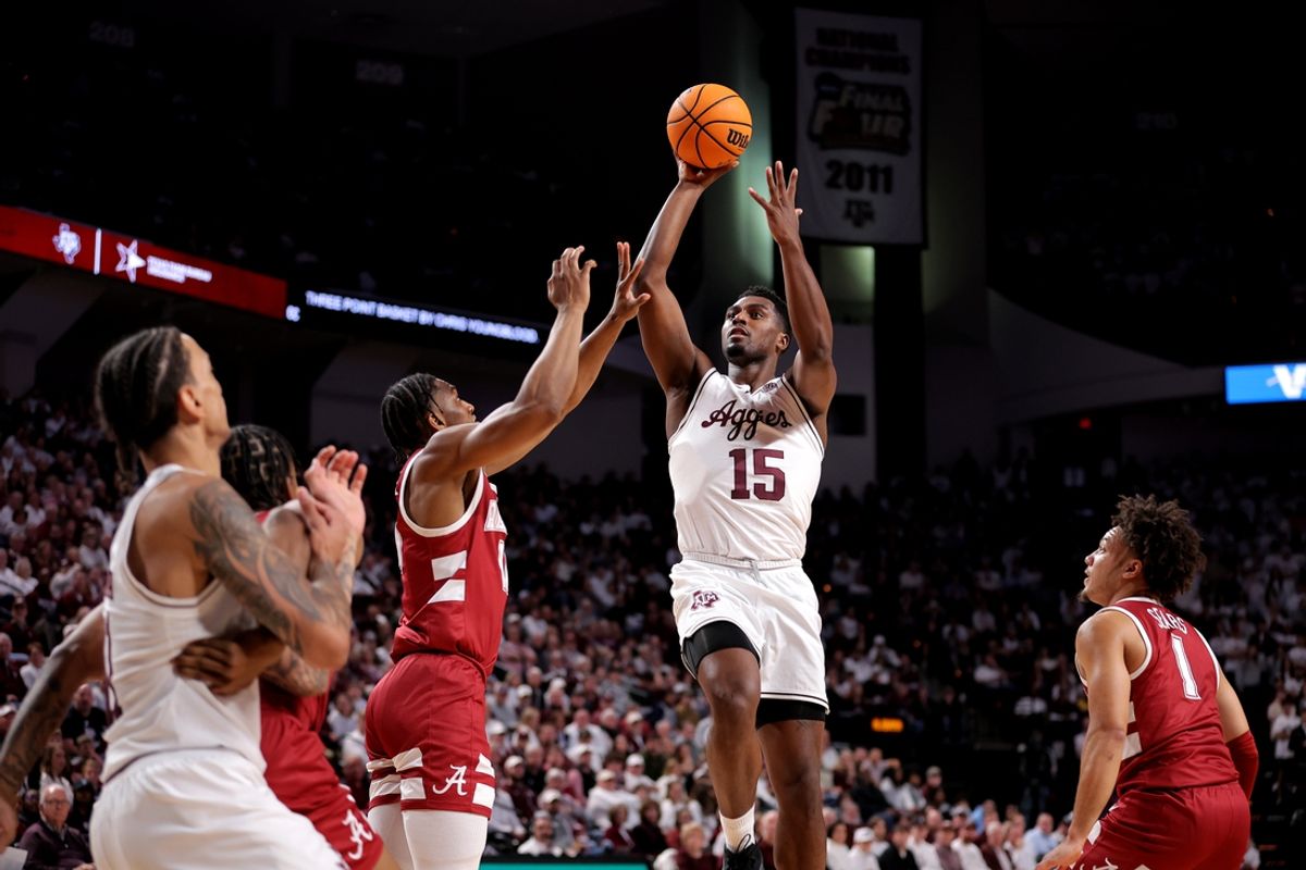 Jan 11, 2025; College Station, Texas, USA; Texas A&M Aggies forward Henry Coleman III (15) shoots inside against the Alabama Crimson Tide during the first half at Reed Arena. Mandatory Credit: Erik Williams-Imagn Images