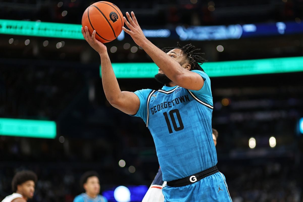 Jan 11, 2025; Washington, District of Columbia, USA; Georgetown Hoyas guard Jayden Epps (10) takes a shot during the first half against the Connecticut Huskies at Capital One Arena. Mandatory Credit: Daniel Kucin Jr.-Imagn Images
