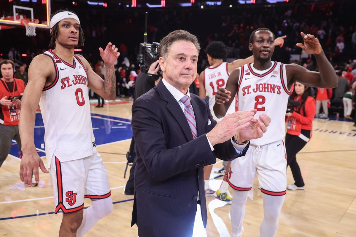 Jan 11, 2025; New York, New York, USA;  St. John's Red Storm head coach Rick Pitino leads the team back onto the floor after a 80-68 victory over the Villanova Wildcats at Madison Square Garden. Mandatory Credit: Wendell Cruz-Imagn Images