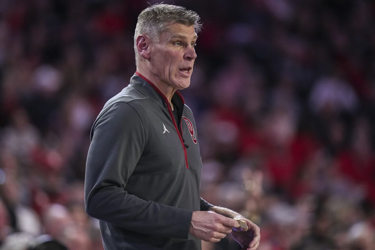 Jan 11, 2025; Athens, Georgia, USA; Oklahoma Sooners head coach Porter Moser reacts on the bench during the game against the Georgia Bulldogs during the first half at Stegeman Coliseum. Mandatory Credit: Dale Zanine-Imagn Images