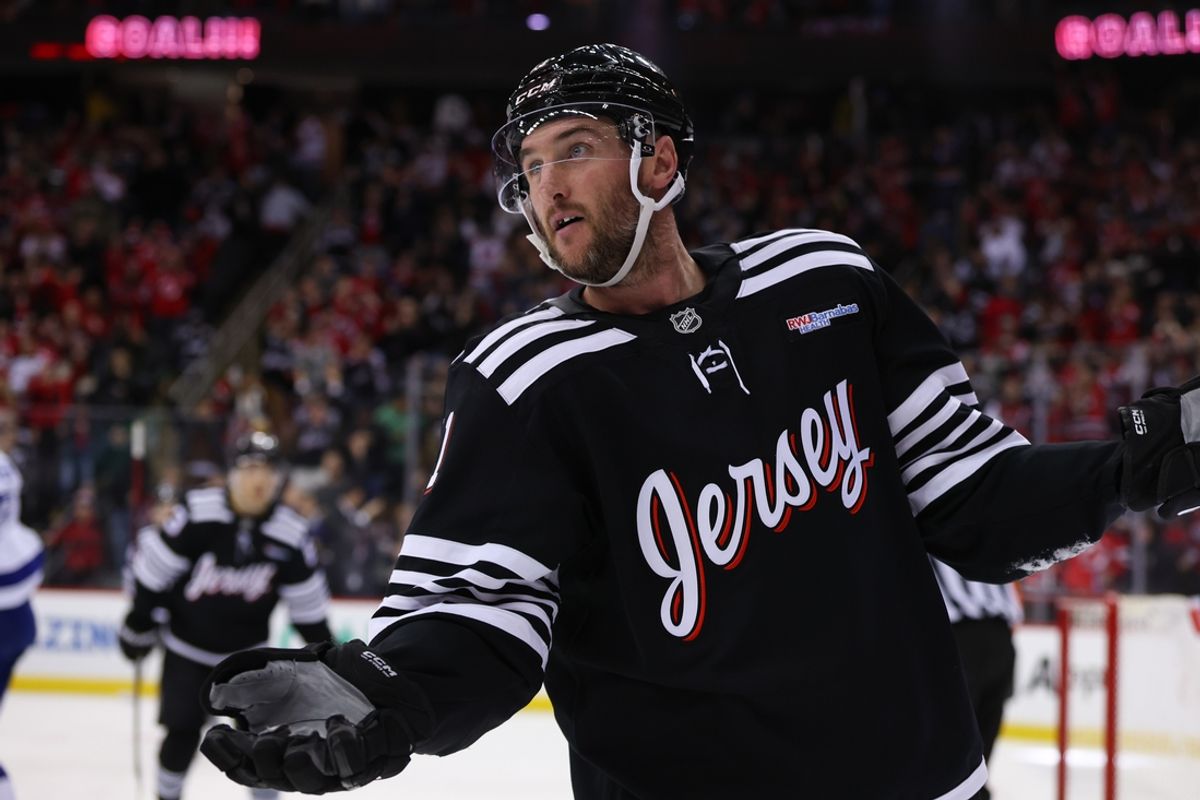 Jan 11, 2025; Newark, New Jersey, USA; New Jersey Devils right wing Stefan Noesen (11) celebrates after scoring the game winning goal against the Tampa Bay Lightning during overtime at Prudential Center. Mandatory Credit: Ed Mulholland-Imagn Images