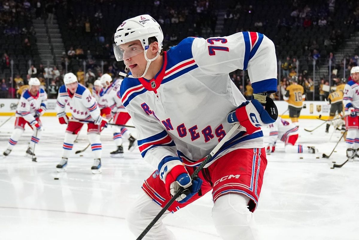 Jan 11, 2025; Las Vegas, Nevada, USA; New York Rangers center Matt Rempe (73) warms up before a game against the Vegas Golden Knights at T-Mobile Arena. Mandatory Credit: Stephen R. Sylvanie-Imagn Images