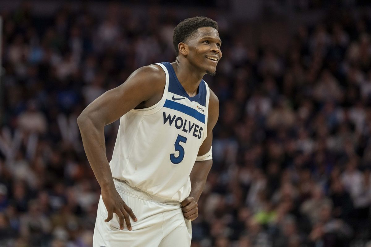 Jan 11, 2025; Minneapolis, Minnesota, USA; Minnesota Timberwolves guard Anthony Edwards (5) looks on in the second half against the Memphis Grizzlies at Target Center. Mandatory Credit: Jesse Johnson-Imagn Images