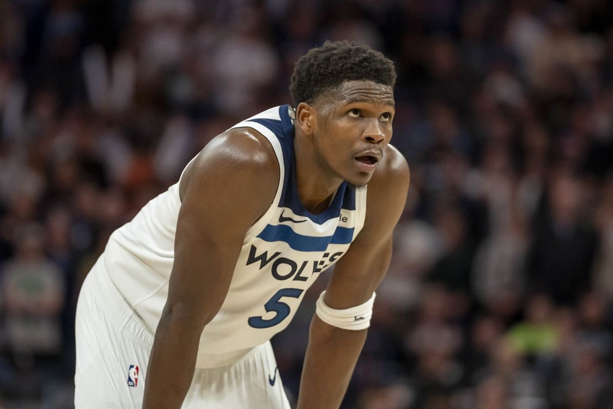 Jan 11, 2025; Minneapolis, Minnesota, USA; Minnesota Timberwolves guard Anthony Edwards (5) looks on in the second half against the Memphis Grizzlies at Target Center. Mandatory Credit: Jesse Johnson-Imagn Images
