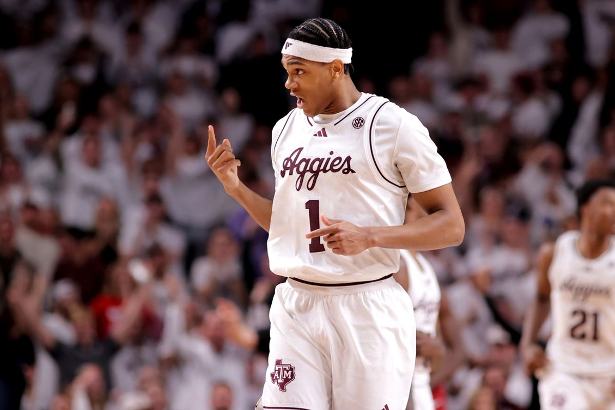 Jan 11, 2025; College Station, Texas, USA; Texas A&M Aggies guard Zhuric Phelps (1) reacts after a made basket against the Alabama Crimson Tide during the second half at Reed Arena. Mandatory Credit: Erik Williams-Imagn Images